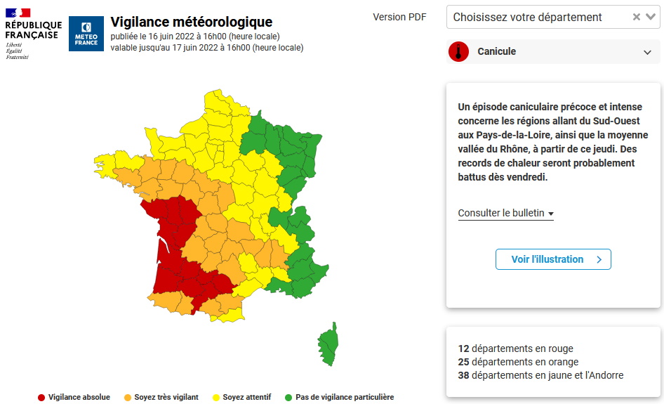 Capture d’écran de la carte publiée le 16 juin 2022 à 16h00 sur le site vigilance.meteofrance.fr.  