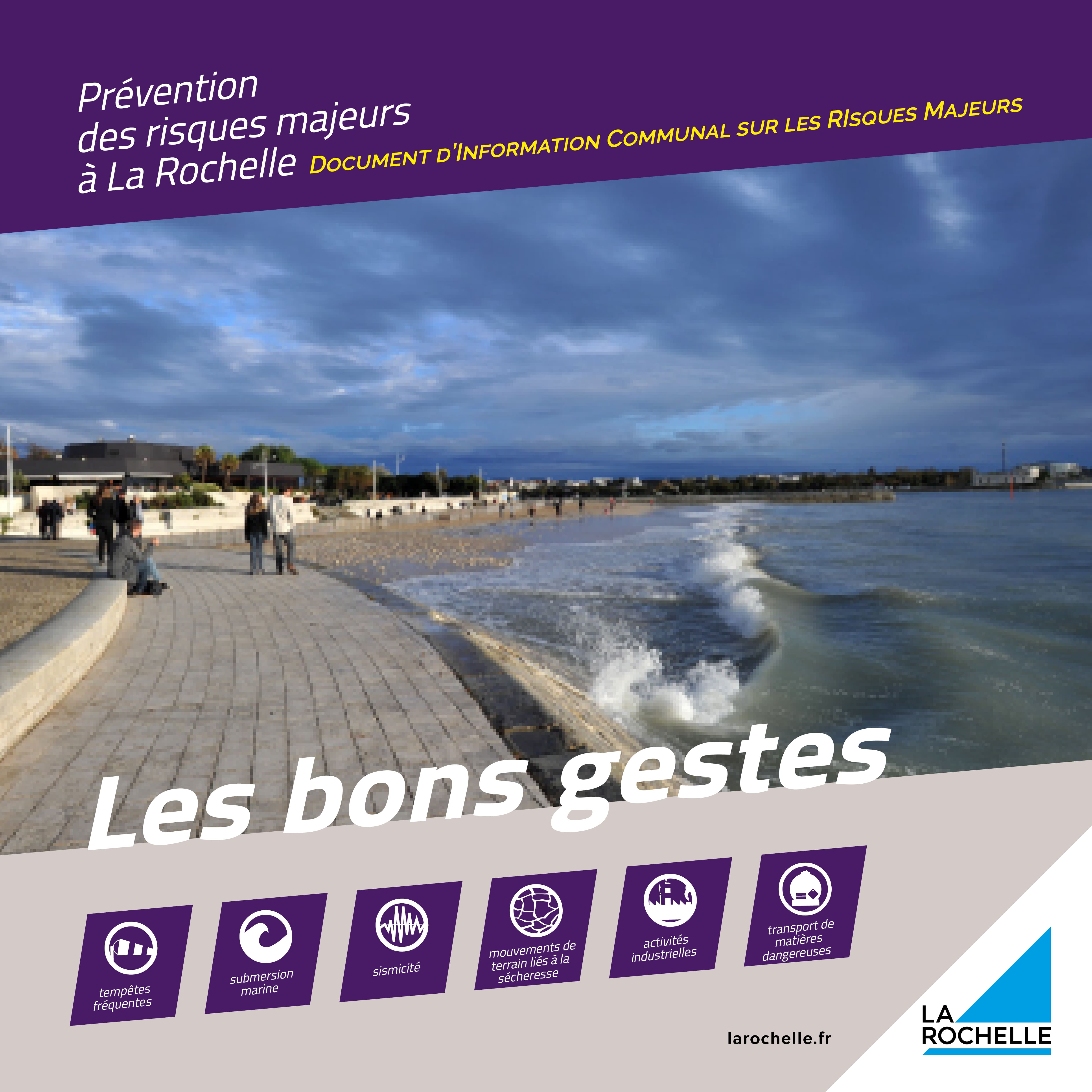 Couverture du document d’information communal sur la prévention des risques majeurs à La Rochelle, où figurent les bons gestes à adopter face aux différents risques.