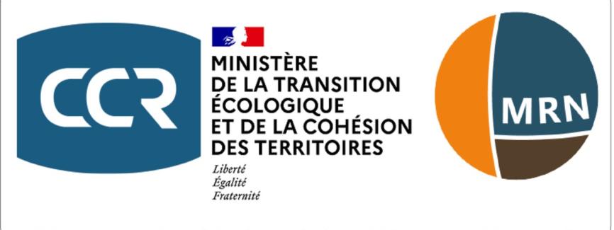 Logo de l’Observatoire nationale des risques naturels, qui réunis les logos des trois structures qui y participent : la Caisse centrale de réassurance (CCR), le logo du ministère de la transition écologique et de la cohésion des territoires et la mission risques naturels (MRN).